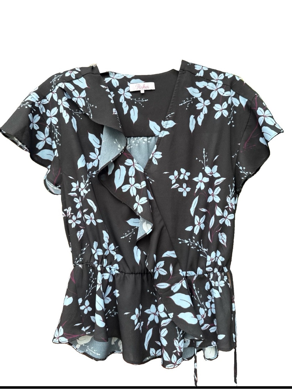 Parker Blouse size small with Blue Floral pattern Ruffle sleeve